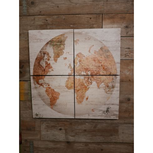 Wereldkaart schilderij 4-delig beige bruin hout 3 cm x 80 cm breed x 80 cm hoog